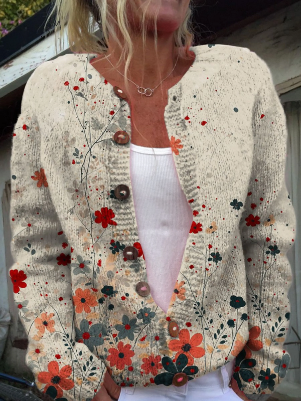 Cardigan vintage con stampa artistica floreale e bottoni