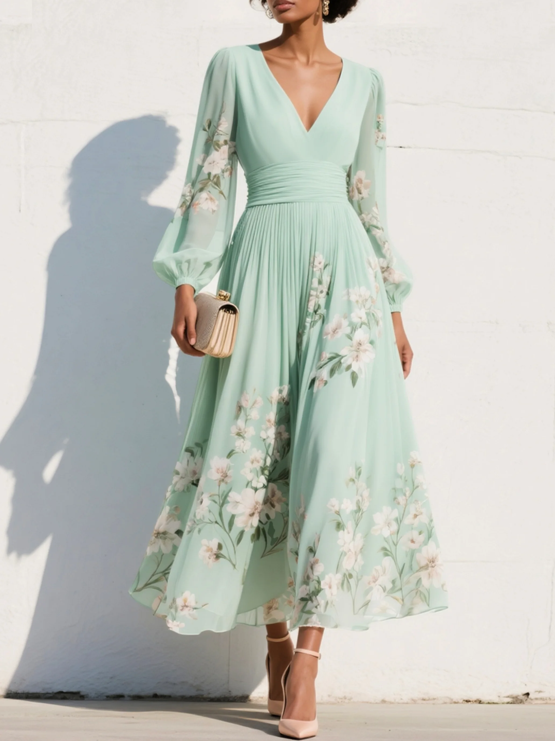 Cisella | Abito midi verde chiaro a fiori