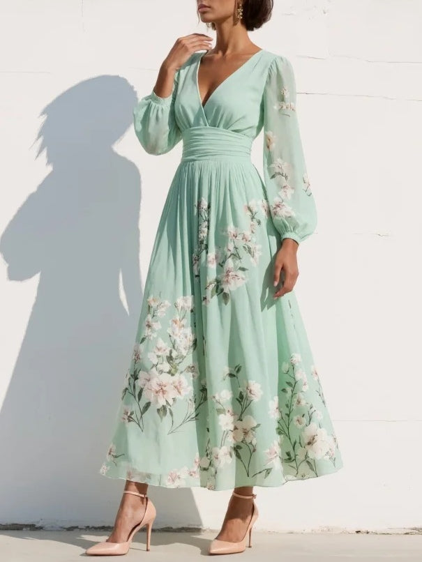 Cisella | Abito midi verde chiaro a fiori