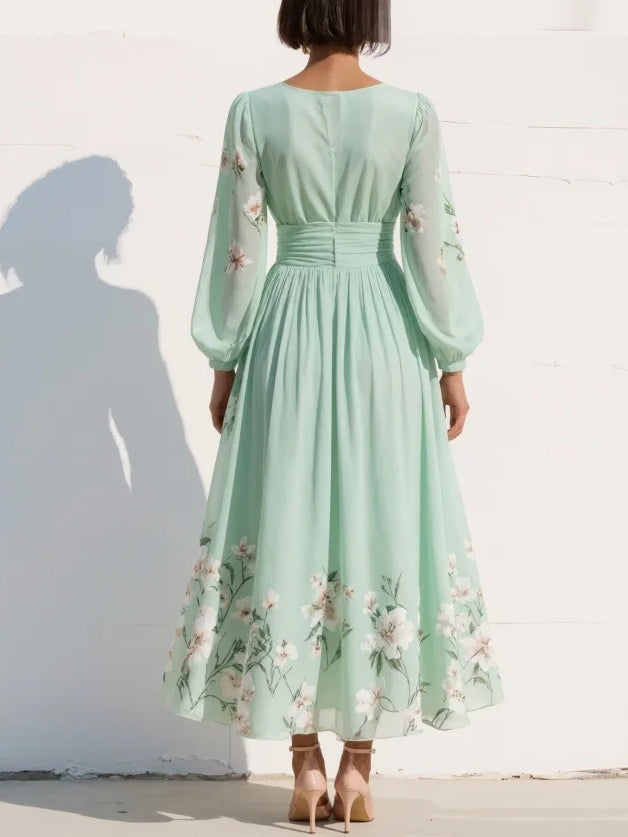 Cisella | Abito midi verde chiaro a fiori